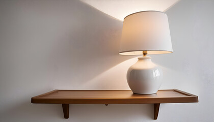 White Table Lamp on a Wooden Shelf in a White Room