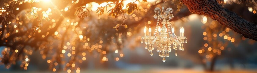 Elegant outdoor chandelier hanging from tree in sunset, sparkling lights create romantic ambiance, perfect for weddings or parties.
