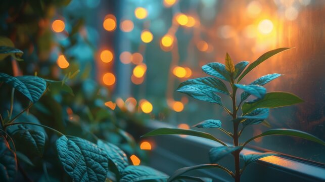 A close-up view of green leaves silhouetted against a window with a warm sunset glow and out-of-focus golden lights.