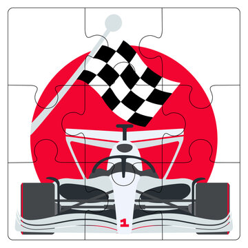 Puzzle template Formula 1 car finishes to the checkered flag. Racing car bolide with number 1. Sports. Transport on wheels. Collect an easy Riddle for kids. Flat style. Vector illustration