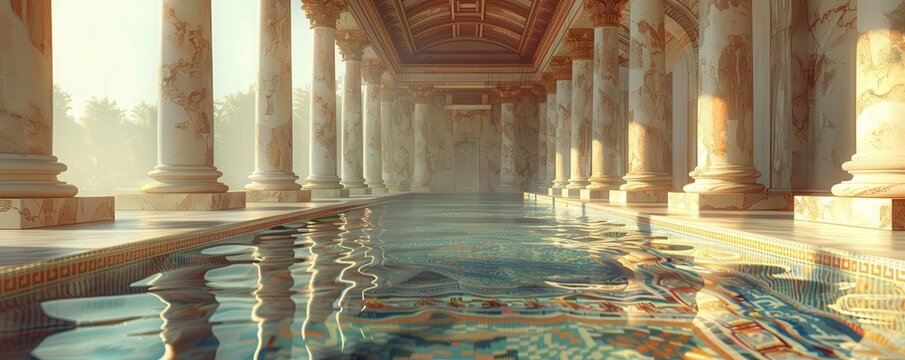 Luxurious ancient Roman bath with majestic marble columns and serene pool, evoking a timeless atmosphere of tranquility and elegance.