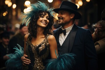 Naklejka premium Flapper lifestyle, dress, and cultural evolution of the 1920s, 30s, and 40s: Embracing prohibition, jazz age elegance, and the daring spirit of an Era in Fashion, nightlife, and social transformation.