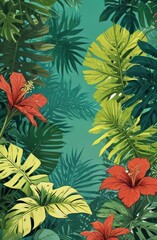 Fototapeta premium Vibrant red hibiscus flowers amidst lush monstera leaves on teal backdrop