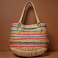 Vibrant woven handbag on earthy background