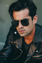 Obraz premium A man with dark sunglasses and a leather jacket, exuding a cool demeanor