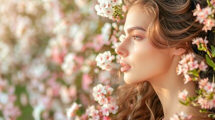 Fototapeta premium Profile portrait of a beautiful woman with spring flowers all around her