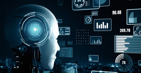 MLP 3d illustration Future financial technology controll by AI robot huminoid uses machine learning and artificial intelligence to analyze business data and give advice on investment and trading