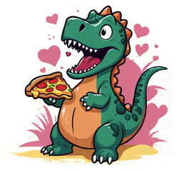 Vector drawing for children t-shirt. 
Green cute baby dinosaur
with triangular piece of pizza,   
heart on white background. 
Design for textile, paper, fabric, 
clothing for kids in cartoon style. 