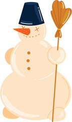 Stylized snowman smiling, carrot nose, bucket hat, broom, isolated white background, winter theme, digital art, cartoon, playful, holiday season. Handdrawn snowman cute face, traditional carrot
