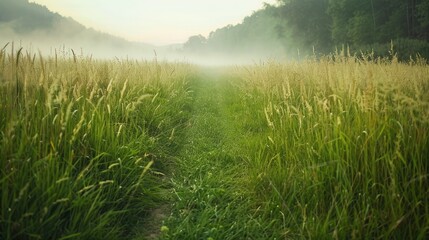 The trail through the dense morning grass