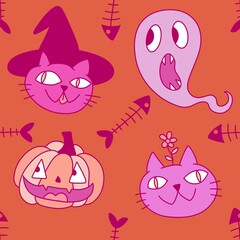 Fototapeta premium Halloween animals seamless cats and pumpkins pattern for wrapping paper