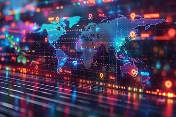 Abstract digital world map with colorful data visualization points, representing global communication and technology network concepts.