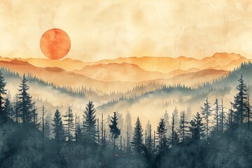 Serene watercolor landscape of misty mountains at sunrise with evergreen trees in foreground, perfect for nature art and tranquil design projects.