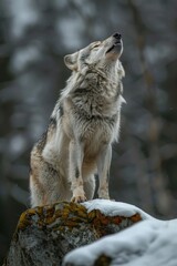 Obraz premium Howling Wolf: A shot of a wolf in winter forest howling at dusk, capturing its wild nature and the atmospheric background.