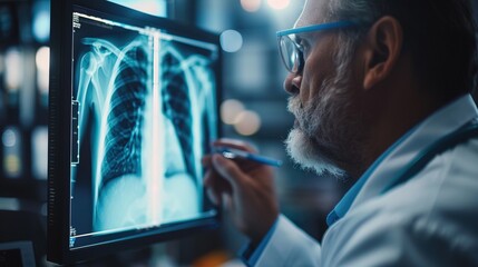 A doctor carefully examines a virtual x-ray projection with focused attention. The integration of advanced technology in medical diagnostics, virtual screen blend