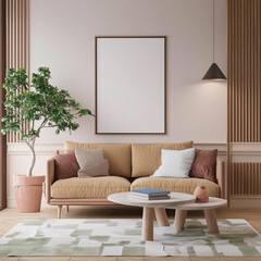 Frame mockup, ISO A paper size. Living room wall poster mockup. Interior mockup with house background. Modern interior design. 3D render