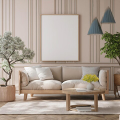 Frame mockup, ISO A paper size. Living room wall poster mockup. Interior mockup with house background. Modern interior design. 3D render