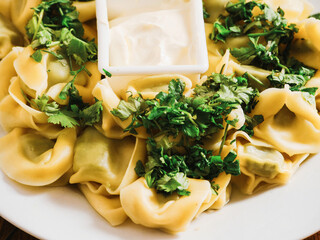 Serving of traditional Russian meat dumplings with sour cream and chopped herbs. Close up....