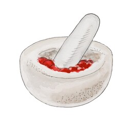Watercolor Illustration of Mortar and Pestle with Red Berries