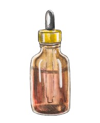Watercolor illustration of a glass dropper bottle