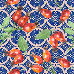 Watercolor pattern of rose hip berries and leaves