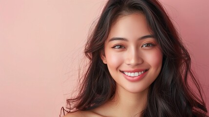 Smiling young asian woman with long groomed hair isolated on pastel flat background with copy space
