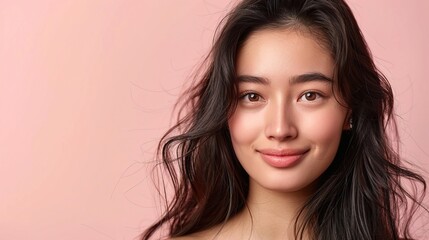 Naklejka premium Smiling young asian woman with long groomed hair isolated on pastel flat background with copy space
