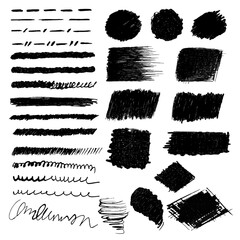 A set of hand-drawn designs in black ink. Straight, dotted, wavy and abstract lines, underlining and signature formation, shading and grunge texture.
