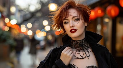 Fototapeta premium Goth style inspired Portrait, red haired woman fashion and make-up style shoot. Gothic, Goth, Emo, New Wave, Dark style fashion. Dark smokey make-up, red lipstick. Dramatic. Elegant. 