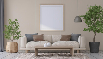 Frame mockup, ISO A paper size. Living room wall poster mockup. Interior mockup with house background. Modern interior design. 3D render