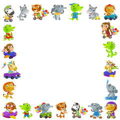 cartoon scene with frame border template with different zoo or african animals many activities with space for text isolated illustration for children
