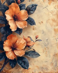 Stunning orange hibiscus flowers against a textured background, featuring intricate details and a vintage aesthetic.