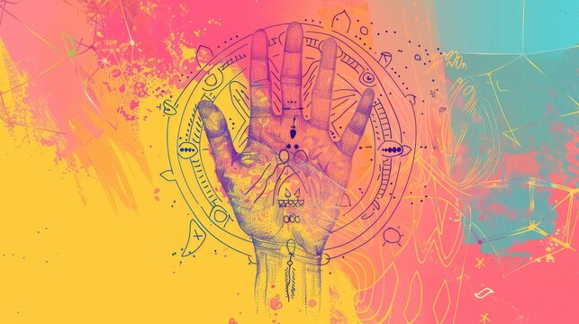 Predicting the future through palmistry with drawn lines and symbols on a colored background