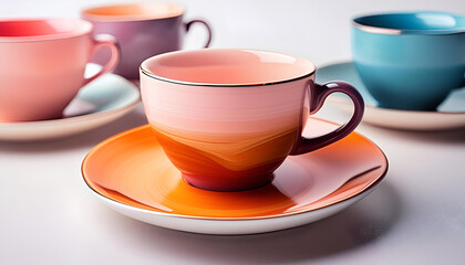 Fototapeta premium Colorful Ceramic Teacup and Saucer Set on White Tabletop