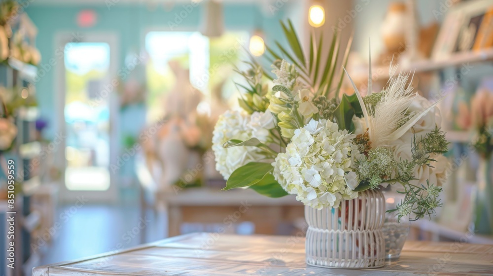 Aufkleber a close-up image of a white flower arrangement in a white vase on a table in a store. the flowers ar