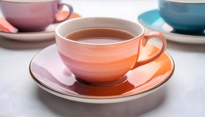 Fototapeta premium Colorful Ceramic Teacup and Saucer Set on White Tabletop
