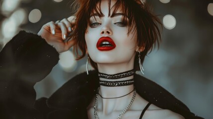 Goth style inspired brunette female Portrait, fashion and make-up style shoot. Gothic, Goth, Emo, New Wave, Dark style fashion. Dark smokey make-up, red lipstick. Dramatic. Elegant.	