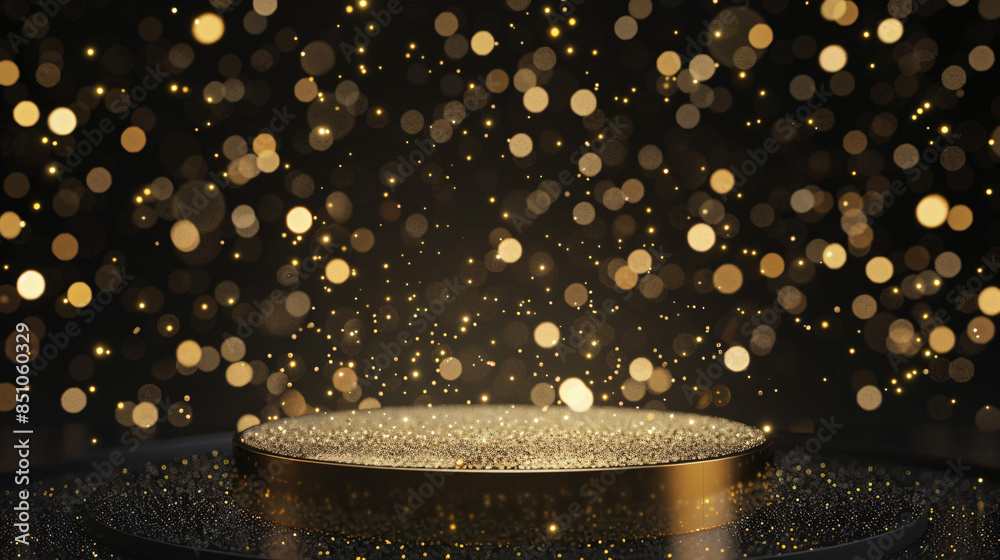 Poster glowing golden podium with sparkling bokeh effect, perfect for showcasing products