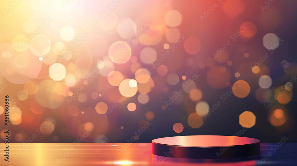 Poster vibrant backdrop with defocused lights and a blank podium, perfect for product display