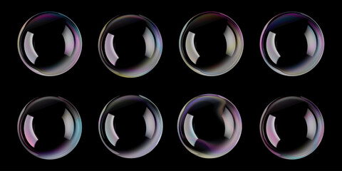 Soap 3d bubble vector set of sphere and circle. Glass foam float on black. Rainbow gradient ball flare, liquid drop air blown. Reflect white lights. Realistic shampoo, purified clean and clear water