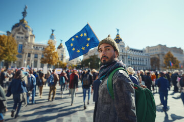 Naklejka premium Man at Daytime Protest in Madrid