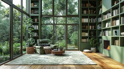 the home office room with great library. 3d render interior