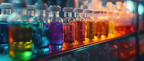 Colorful glass vials with colorful liquid on shelf in laboratory close up.