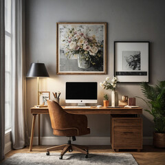 This image features a clean, well-organized office desk adorned with stylish decor and wall art. The desk is sleek and minimalist, with a smooth surface free of clutter. 