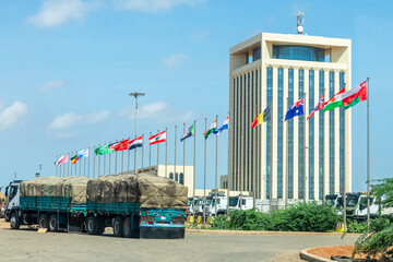 Djibouti city free economic zone modern office buildings with truck in the foreground and lots of...