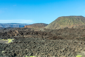 Ardoukoba fissure vents volcano crater cone with lava fields in the foreground, Tajourah Djibouti