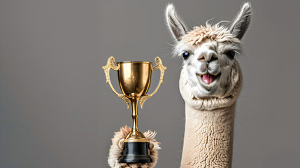 Comical depiction of a llama holding a shiny trophy, rejoicing in triumph