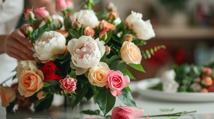 A close-up of a bouquet of pink and white roses with green leaves. The roses are arranged in a vase and the stems are visible.