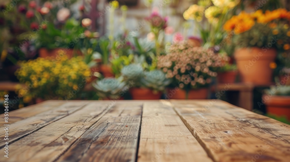 Aufkleber a close-up of a weathered wooden table in front of a blurred background of potted plants and flowers