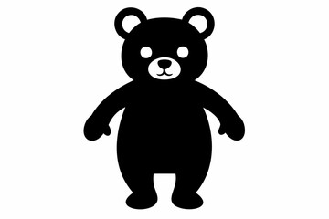 Black silhouette of a toy bear standing on a white background. Cute baby plush bear. Concept of kids toys, childhood, fun, game, playtime, minimalist design. Print, icon, design element. Graphic art